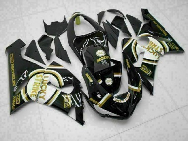 2005-2006 Kawasaki ZX6R Motorcycle Fairings - Glossy Black White Gold Lucky Strike