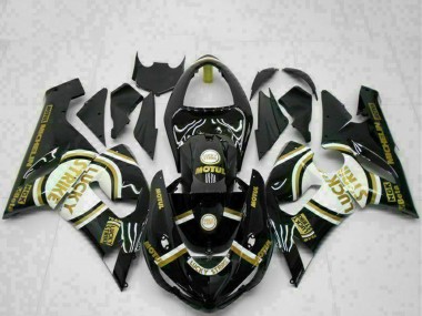 2005-2006 Kawasaki ZX6R Motorcycle Fairings - Glossy Black White Gold Lucky Strike