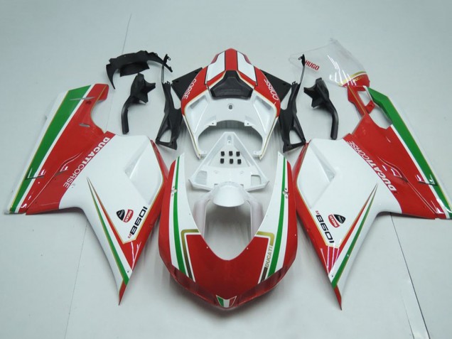 2007-2014 Ducati 1098 Motorcycle Fairings - White Red Green Stripe