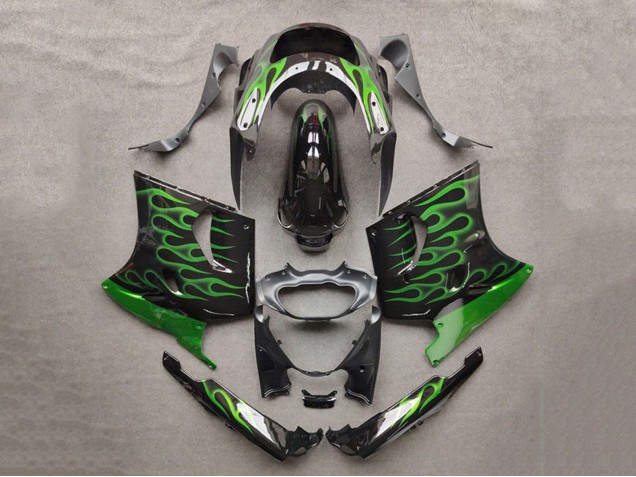 1993-2003 Kawasaki ZZR1100 Motorcycle Fairings - Glossy Black Green Flame