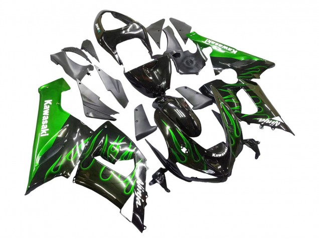 2005-2006 Kawasaki ZX6R Motorcycle Fairing - Glossy Black Green Flame