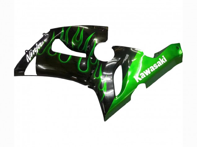 2005-2006 Kawasaki ZX6R Motorcycle Fairing - Glossy Black Green Flame