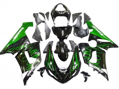 2005-2006 Kawasaki ZX6R Motorcycle Fairing - Glossy Black Green Flame