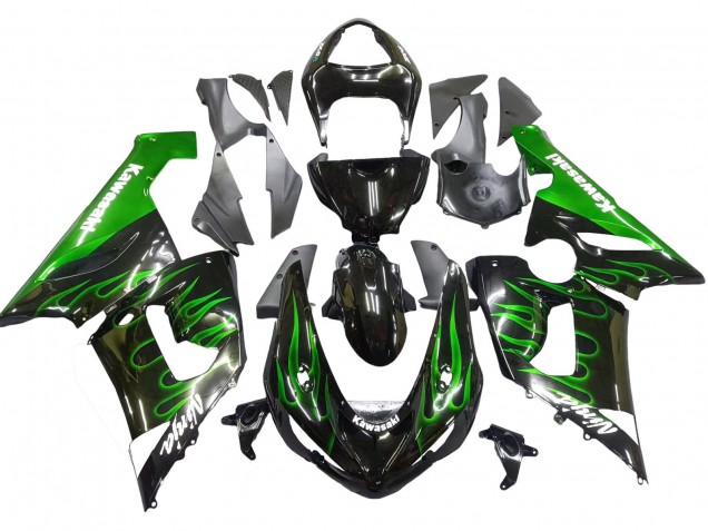 2005-2006 Kawasaki ZX6R Motorcycle Fairing - Glossy Black Green Flame