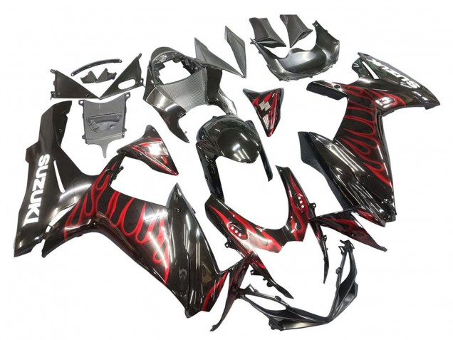 2011-2024 Suzuki GSXR 600 / GSXR 750 Motorcycle Fairings - Glossy Black Red Flame