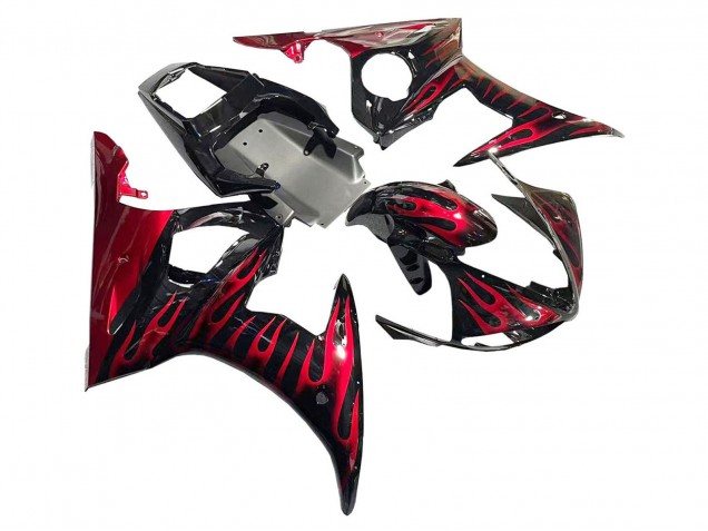 2005 Yamaha YZF 600 R6 Motorcycle Fairings - Black with Red Flame