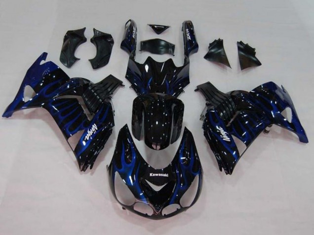 2006-2011 Kawasaki ZX14R ZZR1400 Motorcycle Fairings - Glossy Black Blue Flame
