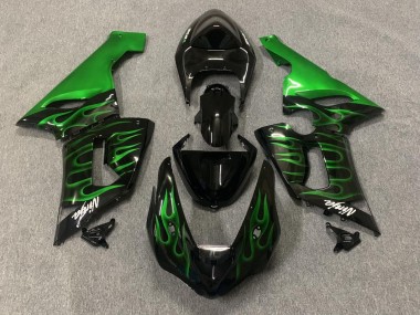 2005-2006 Kawasaki ZX6R Motorcycle Fairings - Glossy Black Green Flame