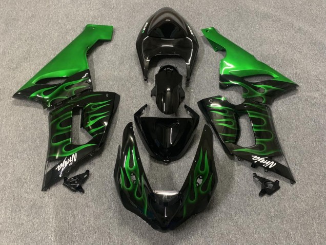 2005-2006 Kawasaki ZX6R Motorcycle Fairings - Glossy Black Green Flame