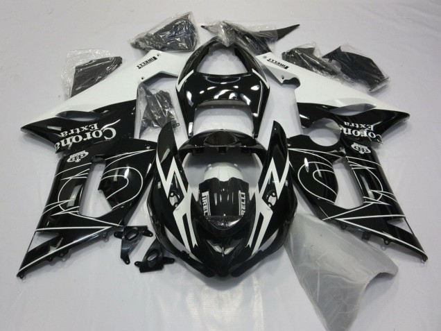 2005-2006 Kawasaki ZX6R Motorcycle Fairings - Glossy Black White Corona Extra Tribal