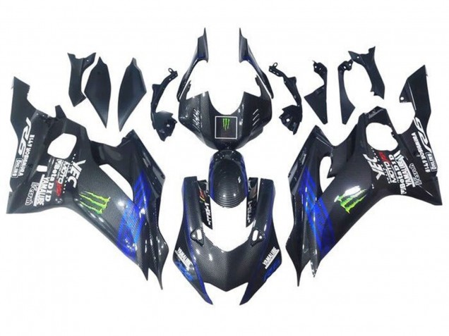 2017-2025 Yamaha YZF R6 Motorcycle Fairings - Blue Black Faux Carbon Fiber Green Monster